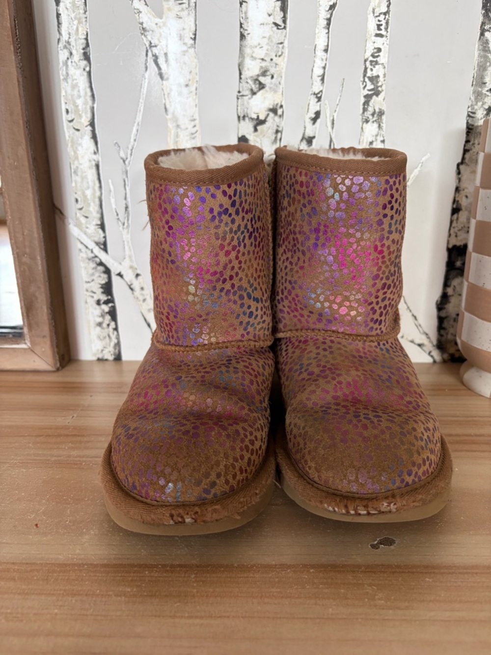 UGG Kids Brown Boots with Pink/Purple Iridescent Dots